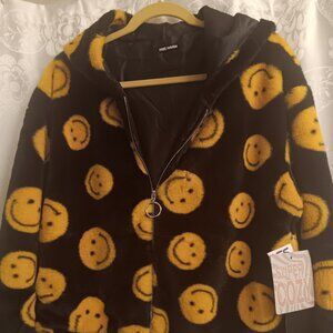 FREE HAVEN ** BLACK AND YELLOW SMILEY FACE FUZZY JACKET WITH HOOD